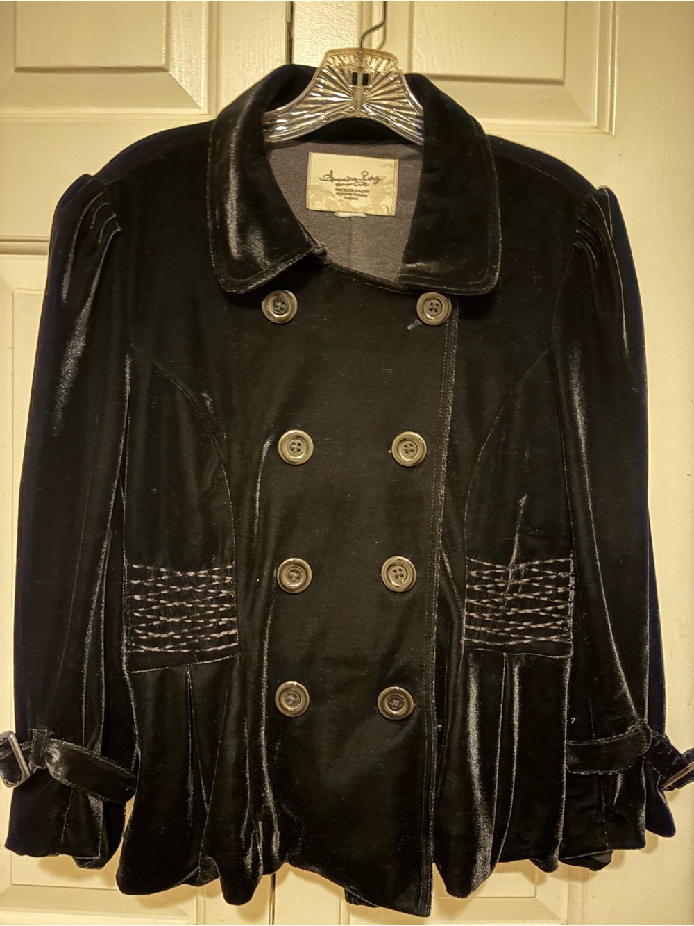 American Rag Black Velvet Double-Breasted Pea Coat with Textured Waist Panels